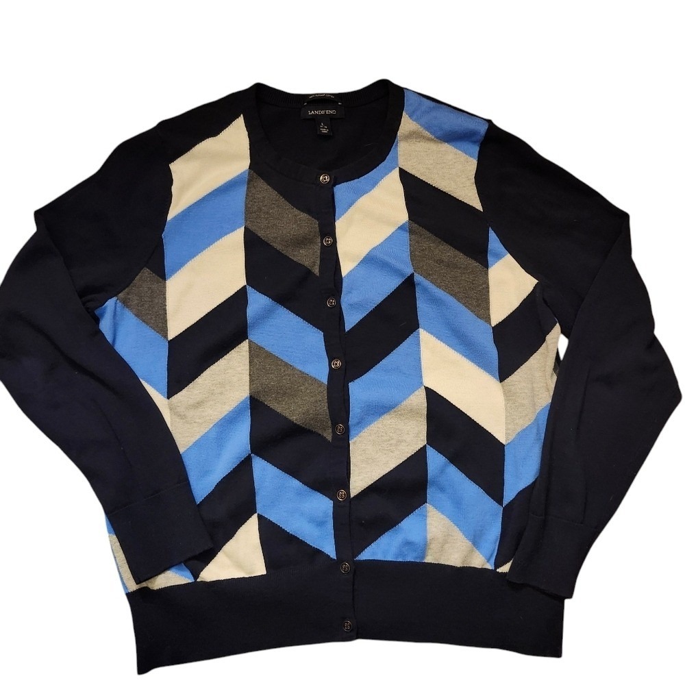 Landsβ End Cardigan Women Large 14-16 Blue Chevron Supima Cotton Button Front